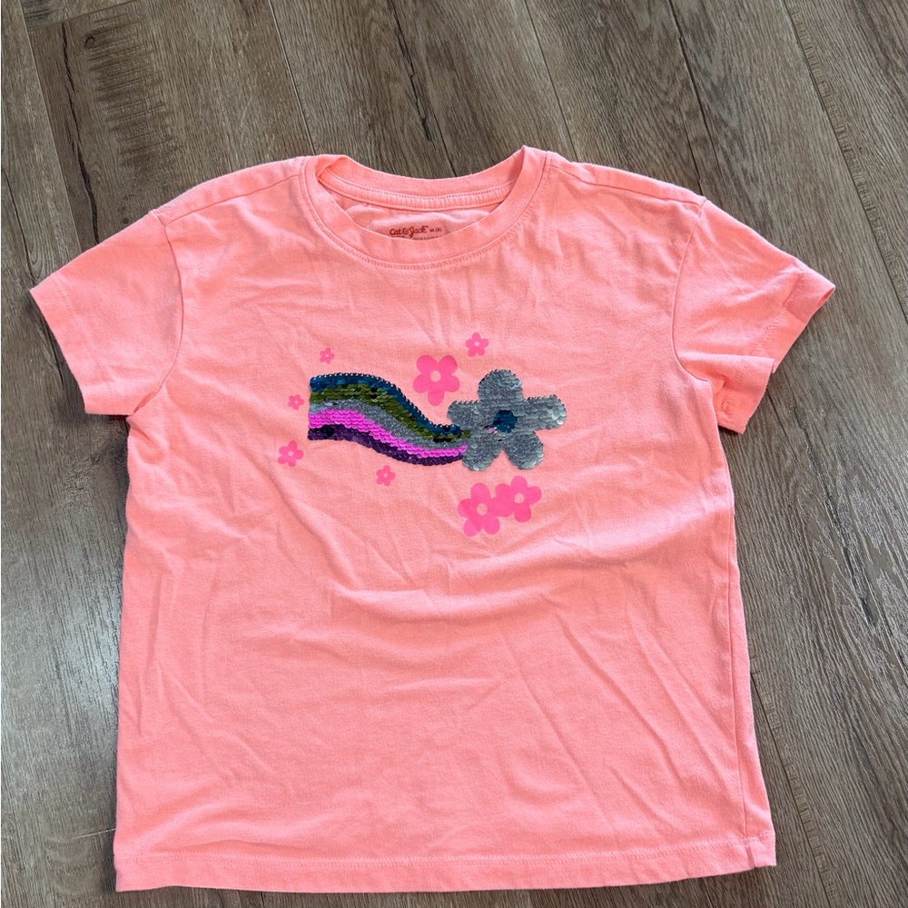Cat & Jack Coral Tee with Rainbow and Flowers